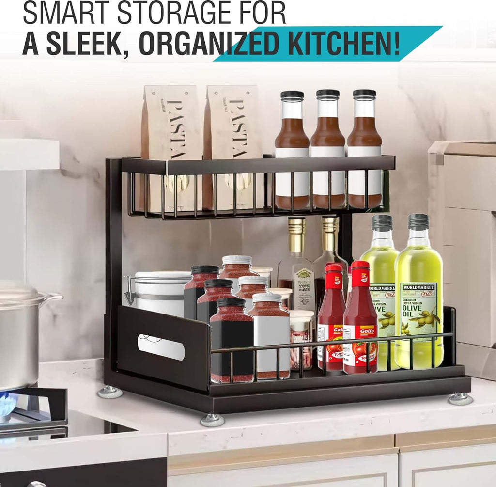 Pack of 2 - Under Kitchen Sink Organizer, 2-Tier Pull Out Cabinet Organizer Adjustable Slide Out Shelves - Bathroom Cabinet Organizer - 3 Way Adjustments