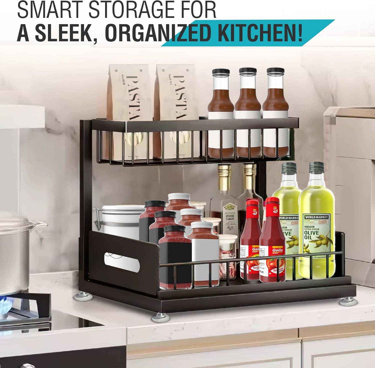 Pack of 2 - Under Kitchen Sink Organizer, 2-Tier Pull Out Cabinet Organizer Adjustable Slide Out Shelves - Bathroom Cabinet Organizer - 3 Way Adjustments
