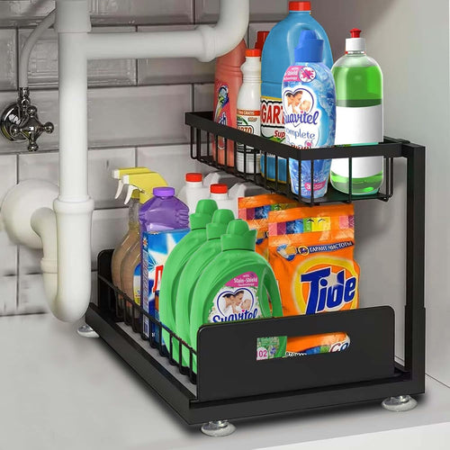 Pack of 2 - Under Kitchen Sink Organizer, 2-Tier Pull Out Cabinet Organizer Adjustable Slide Out Shelves - Bathroom Cabinet Organizer - 3 Way Adjustments