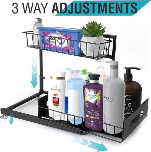 Pack of 2 - Under Kitchen Sink Organizer, 2-Tier Pull Out Cabinet Organizer Adjustable Slide Out Shelves - Bathroom Cabinet Organizer - 3 Way Adjustments
