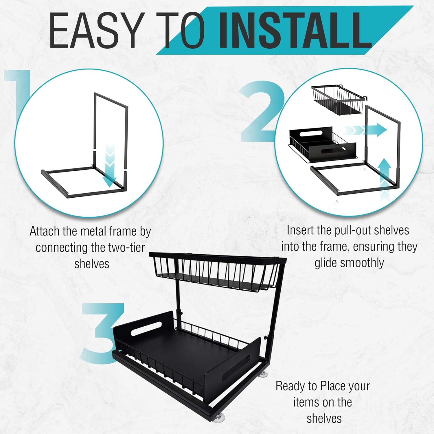Pack of 2 - Under Kitchen Sink Organizer, 2-Tier Pull Out Cabinet Organizer Adjustable Slide Out Shelves - Bathroom Cabinet Organizer - 3 Way Adjustments