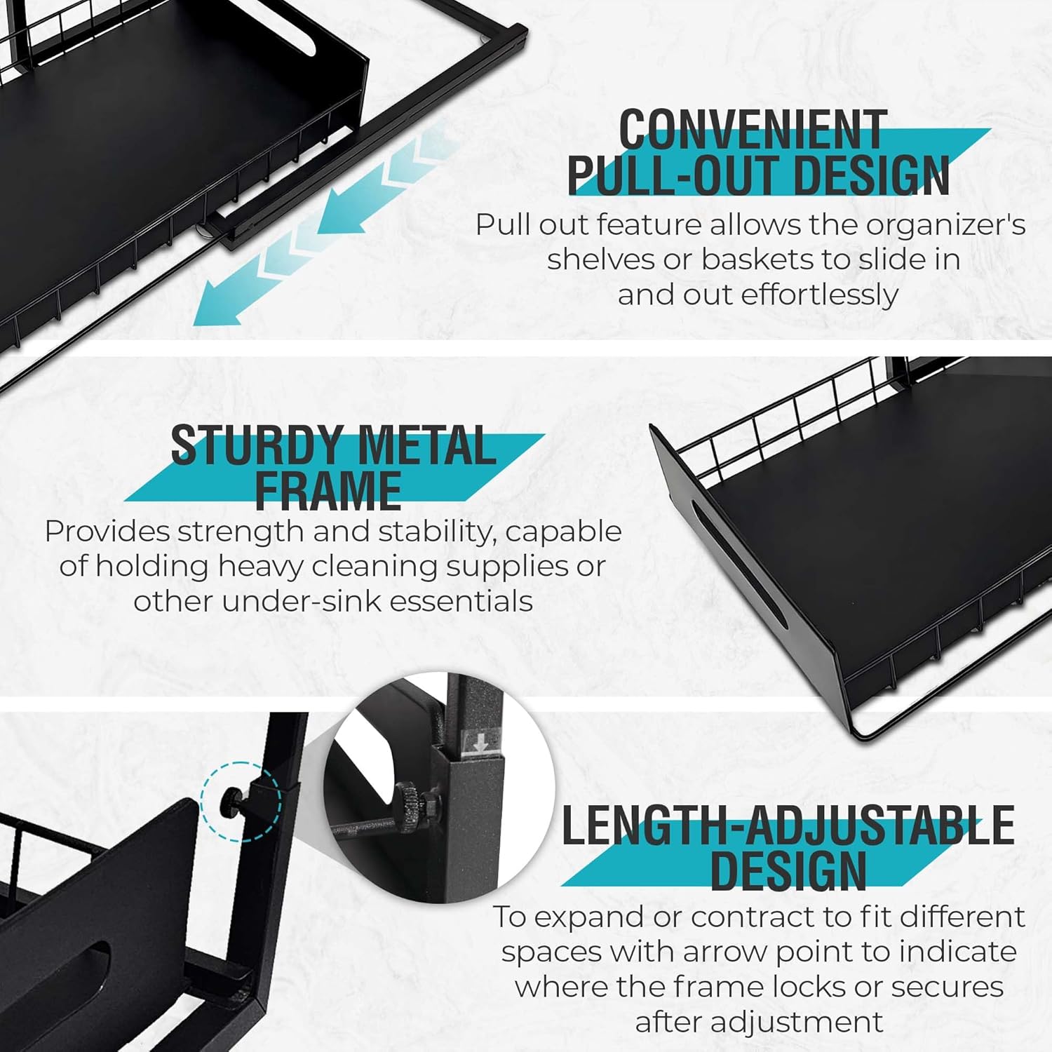 Pack of 2 - Under Kitchen Sink Organizer, 2-Tier Pull Out Cabinet Organizer Adjustable Slide Out Shelves - Bathroom Cabinet Organizer - 3 Way Adjustments