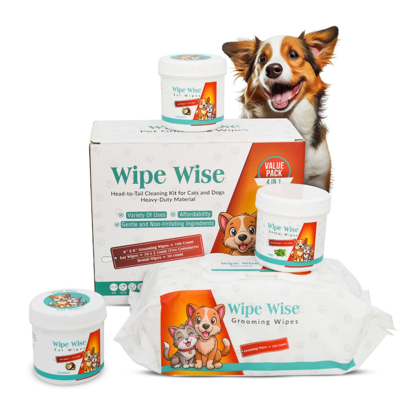 Wipe Wise Pet Care Bundle – Grooming, Ear, and Dental Wipes for Dogs & Cats | 250 Total Wipes | Alcohol-Free |Unscented & Coconut & Mint Infused | Safe & Gentle for All Sizes