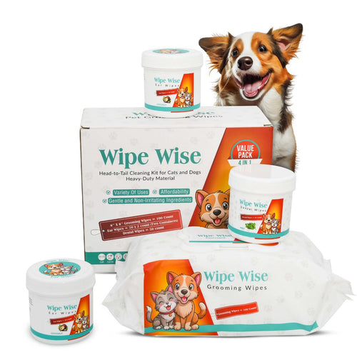 Wipe Wise Pet Care Bundle – Grooming, Ear, and Dental Wipes for Dogs & Cats | 250 Total Wipes | Alcohol-Free |Unscented & Coconut & Mint Infused | Safe & Gentle for All Sizes
